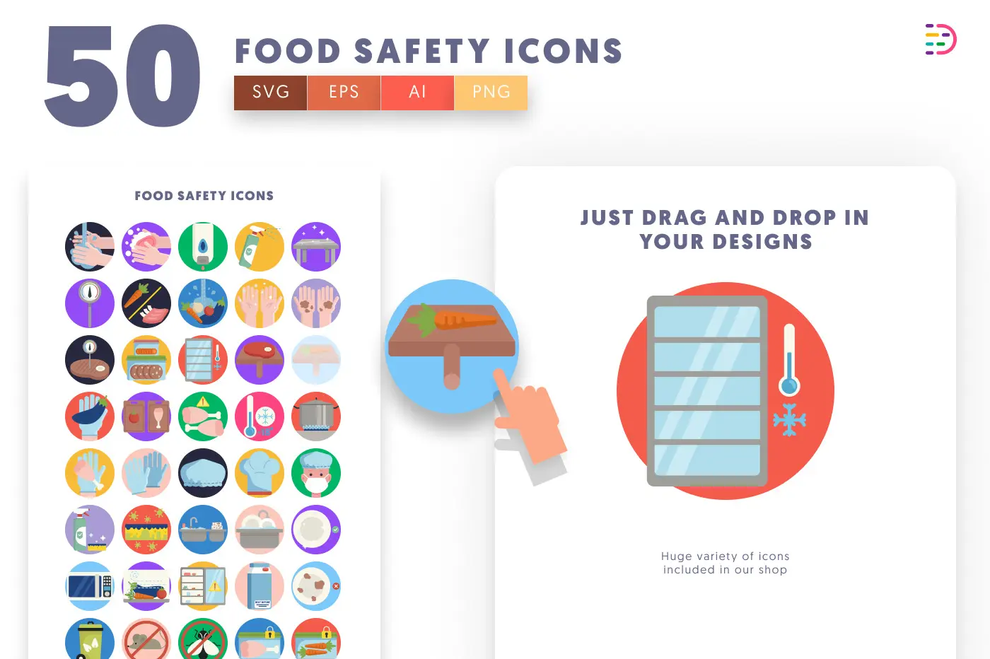 50 Food Safety Icons preview 1 – flat circle icons in PNG, SVG and EPS