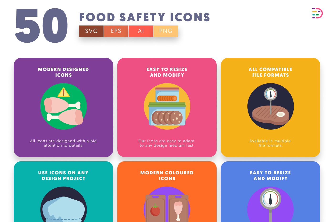 50 Food Safety Icons preview 5 – flat circle icons in PNG, SVG and EPS