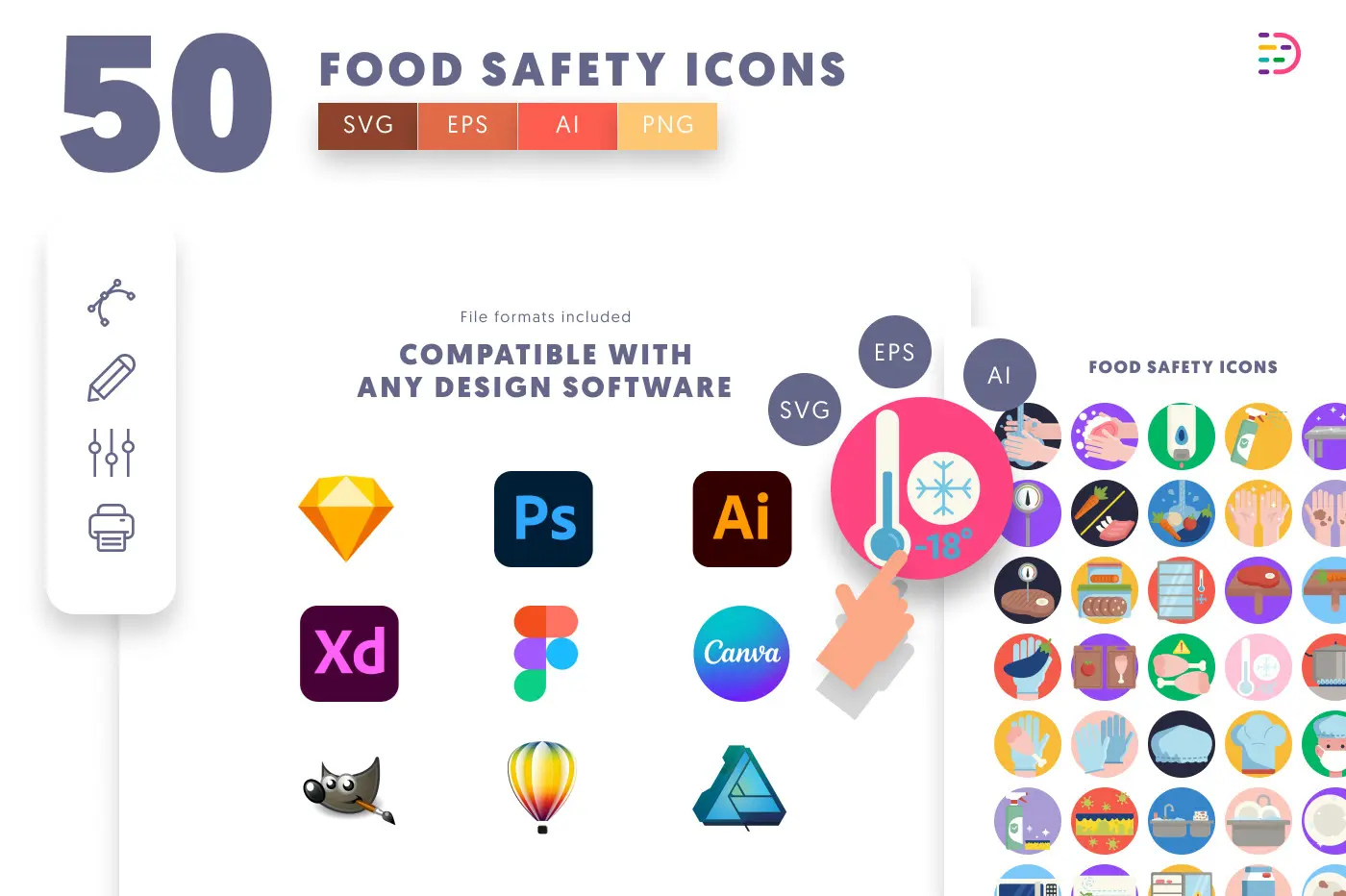 50 Food Safety Icons preview 8 – flat circle icons in PNG, SVG and EPS