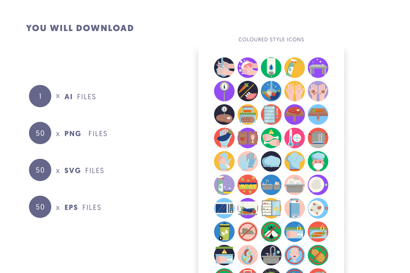 50 Food Safety Icons preview 9 – flat circle icons in PNG, SVG and EPS