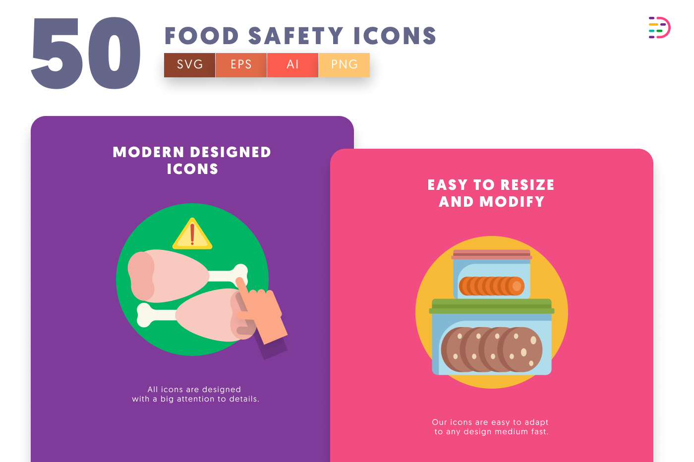 50 Food Safety Icons cover – flat circle icons in PNG, SVG and EPS