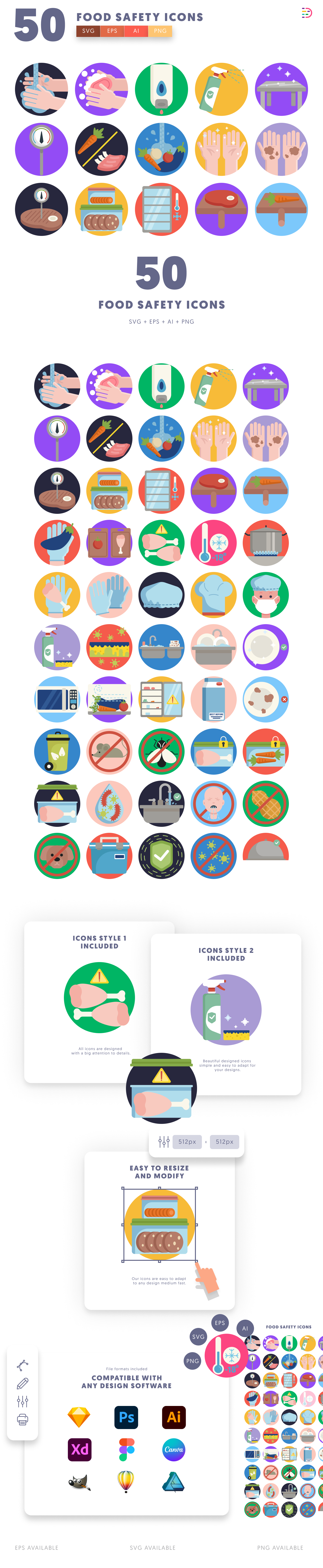50 Food Safety Icons cover – flat circle icons in PNG, SVG and EPS