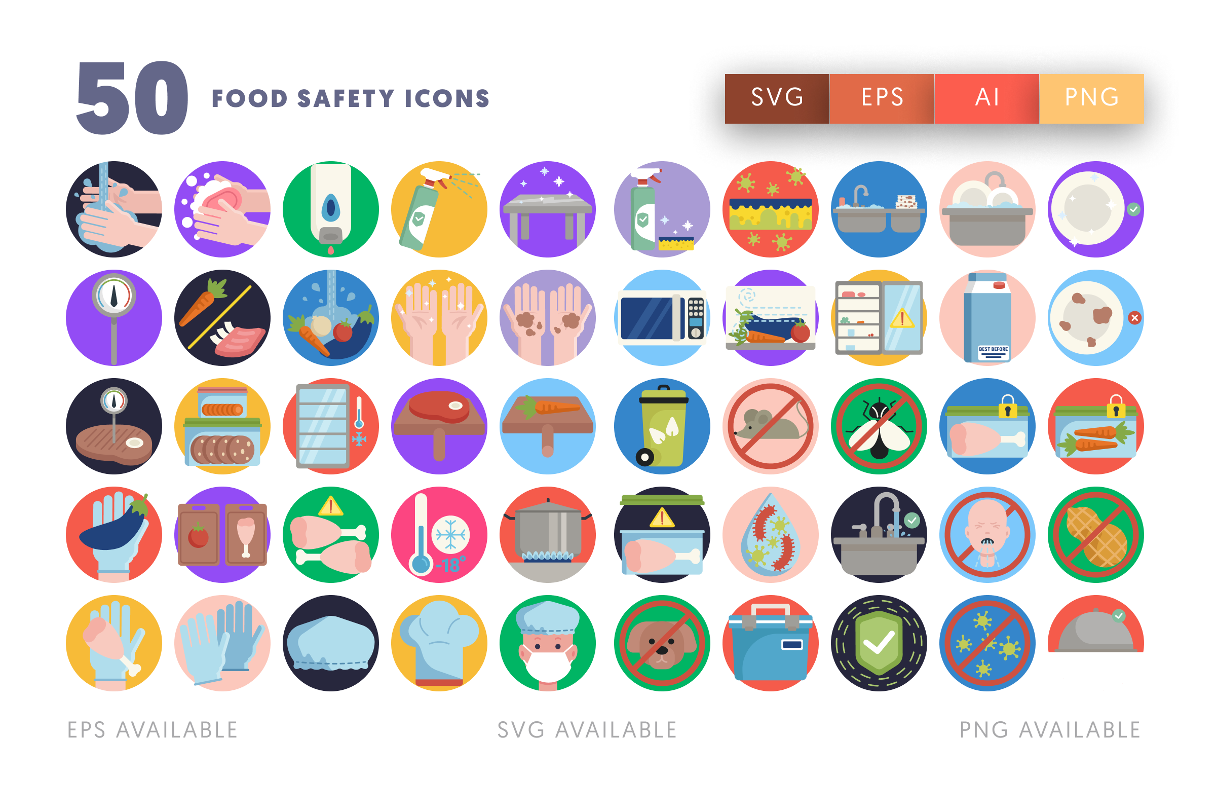 50 Food Safety Icons – flat circle icon set