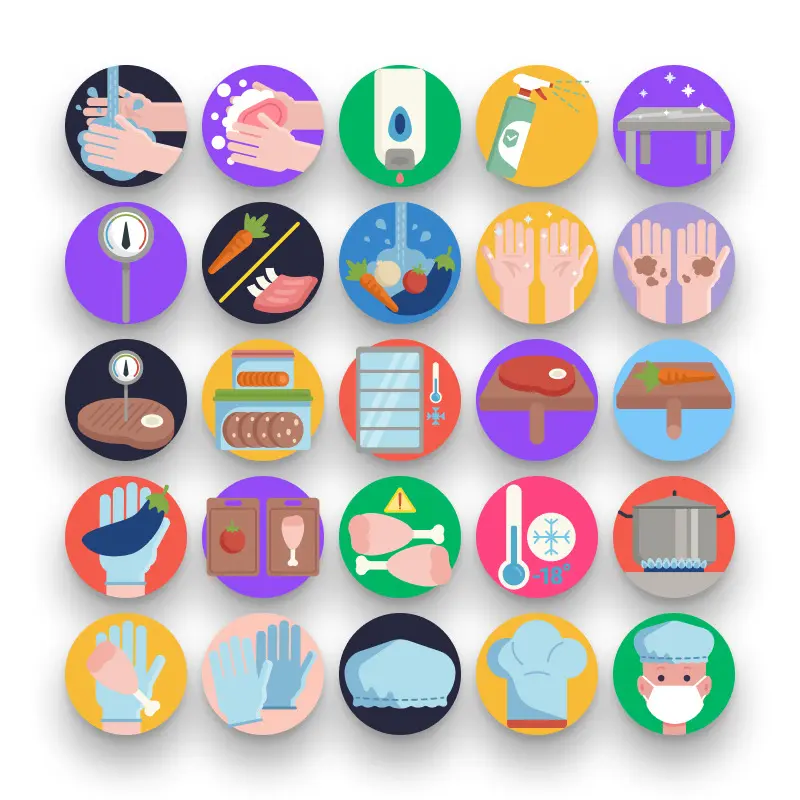 50 Food Safety Icons – set of colorful flat circle icons