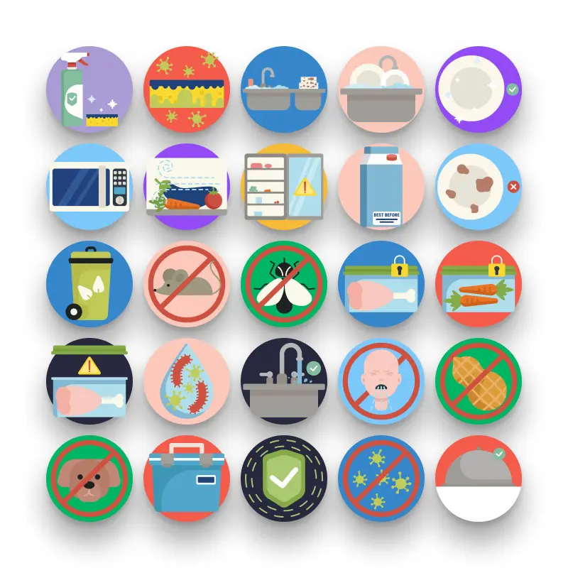 50 Food Safety Icons – set of colorful flat circle icons
