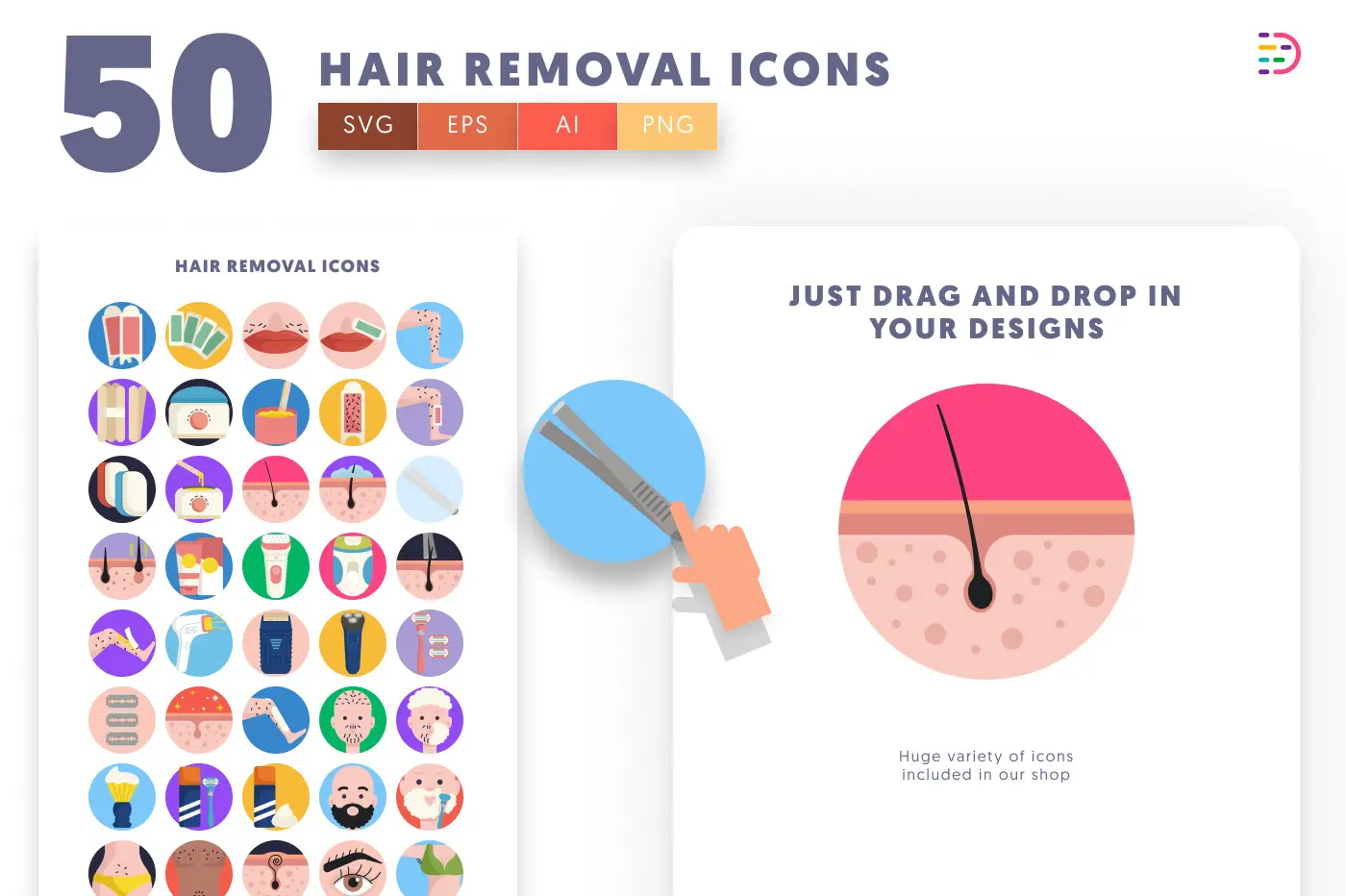 50 Hair Removal Icons preview 1 – flat circle icons in PNG, SVG and EPS