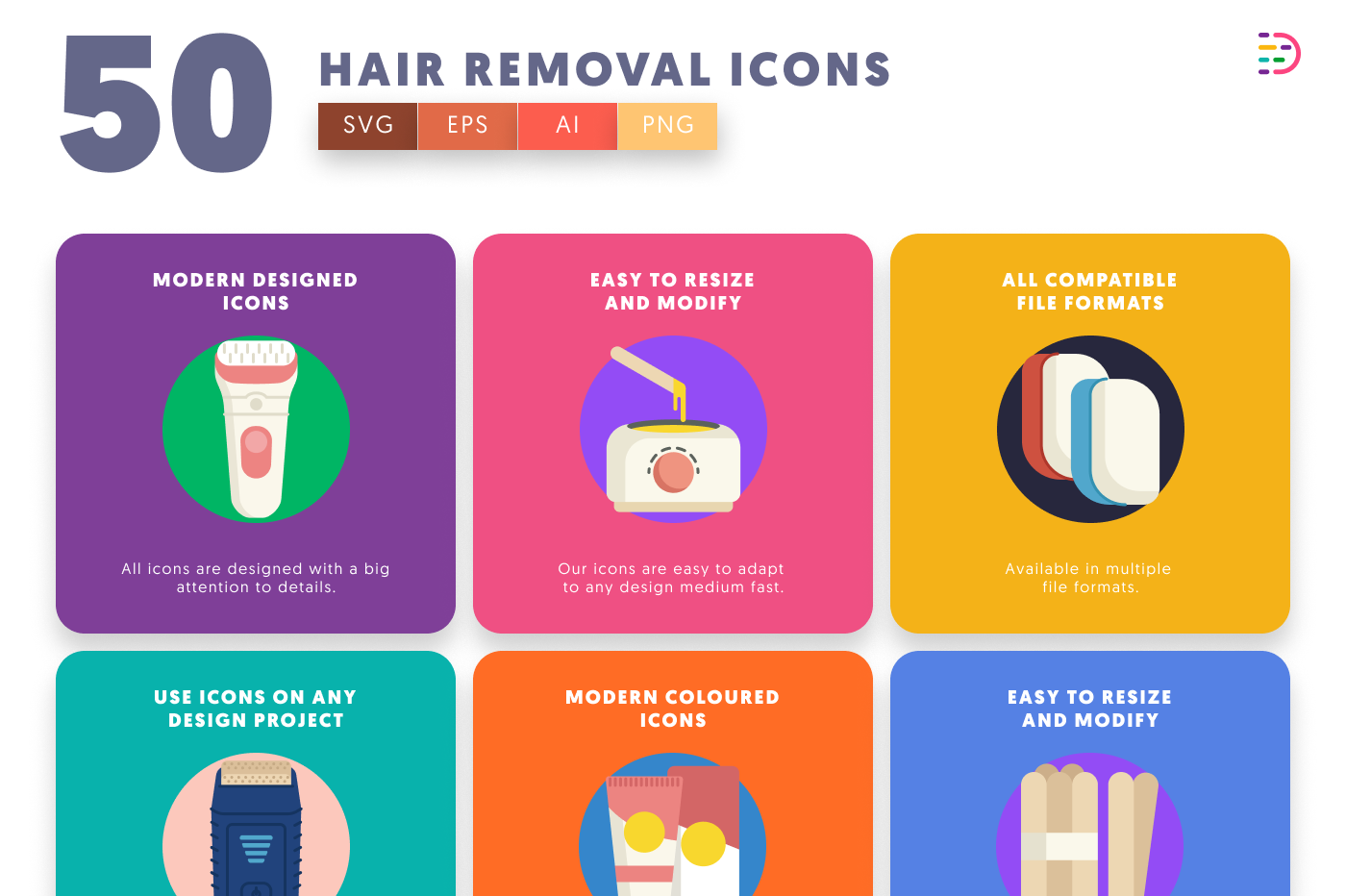50 Hair Removal Icons preview 5 – flat circle icons in PNG, SVG and EPS