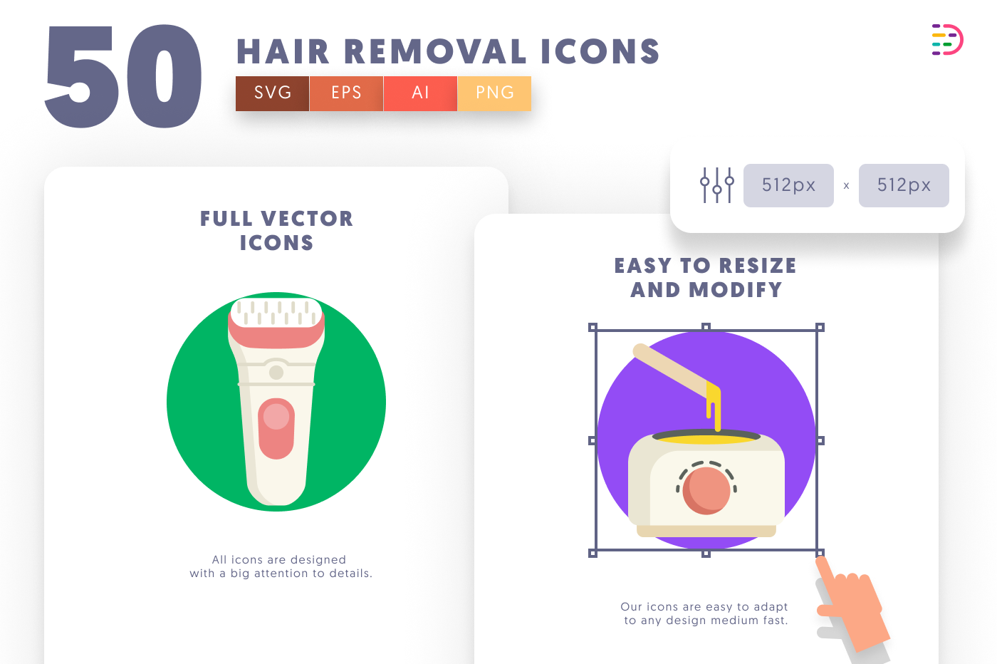 50 Hair Removal Icons preview 6 – flat circle icons in PNG, SVG and EPS