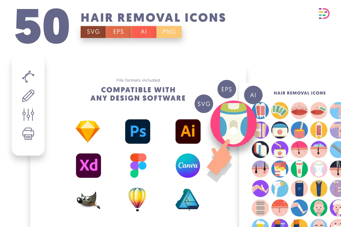 50 Hair Removal Icons preview 8 – flat circle icons in PNG, SVG and EPS