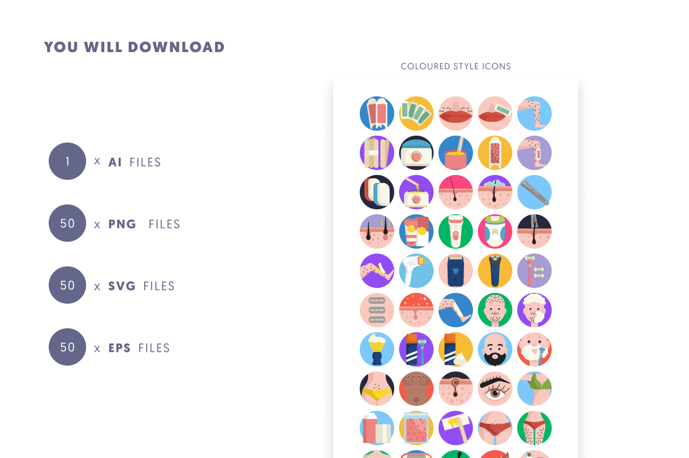 50 Hair Removal Icons preview 9 – flat circle icons in PNG, SVG and EPS