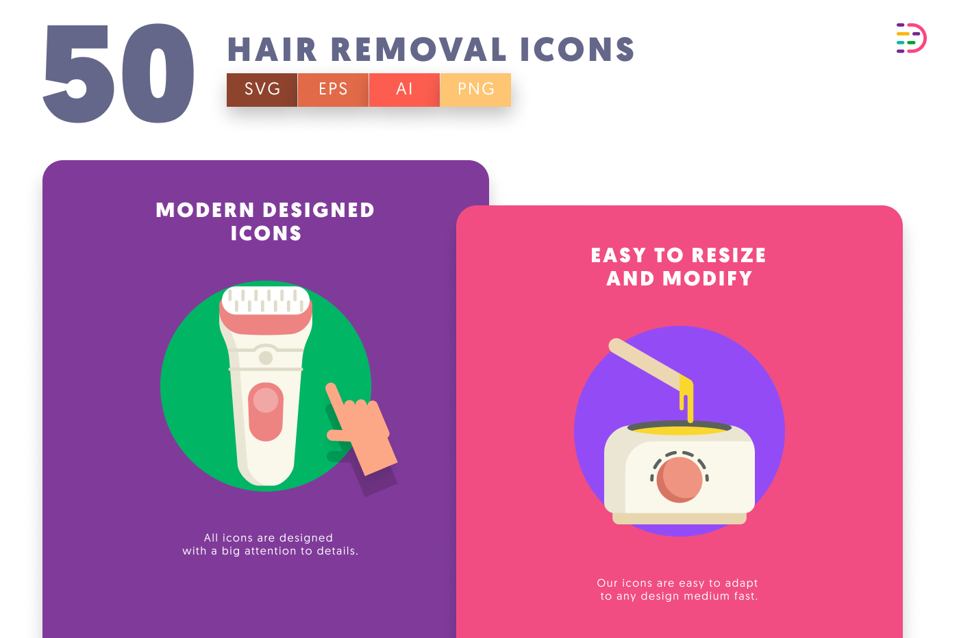 50 Hair Removal Icons cover – flat circle icons in PNG, SVG and EPS