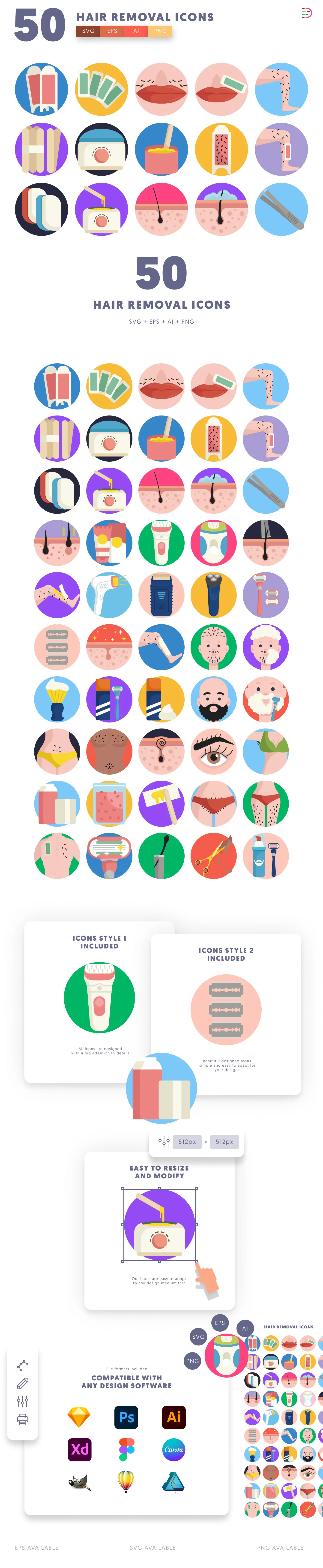 50 Hair Removal Icons cover – flat circle icons in PNG, SVG and EPS