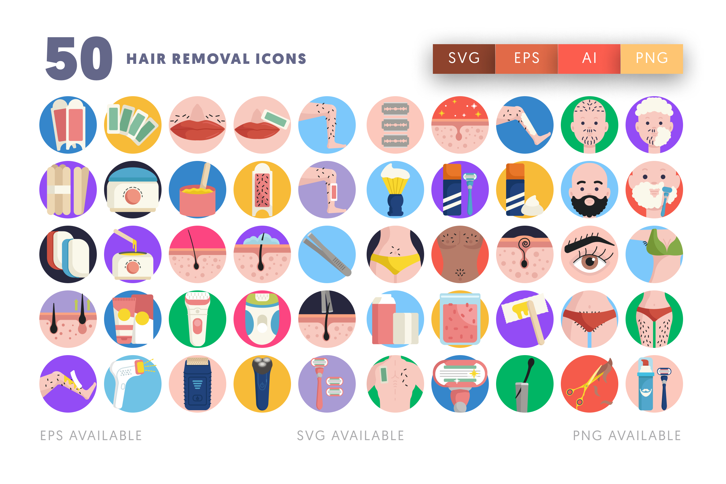 50 Hair Removal Icons – flat circle icon set