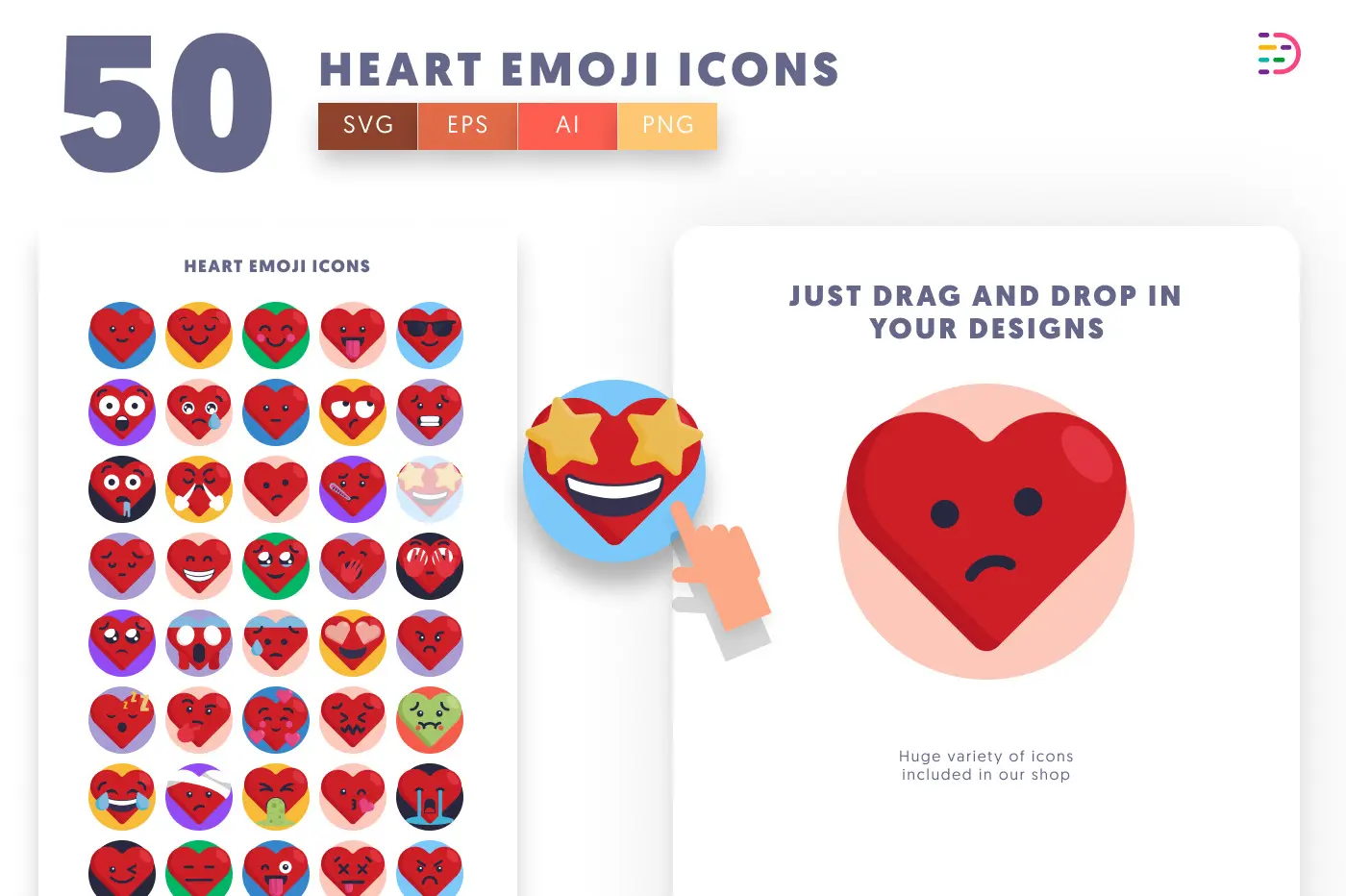 50 Heart Emoji Icons preview 1 – flat circle icons in PNG, SVG and EPS