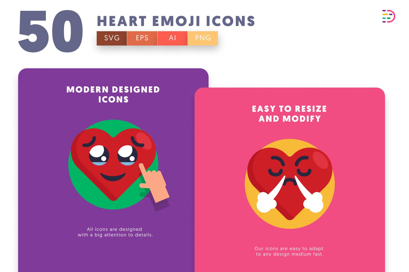 50 Heart Emoji Icons cover – flat circle icons in PNG, SVG and EPS
