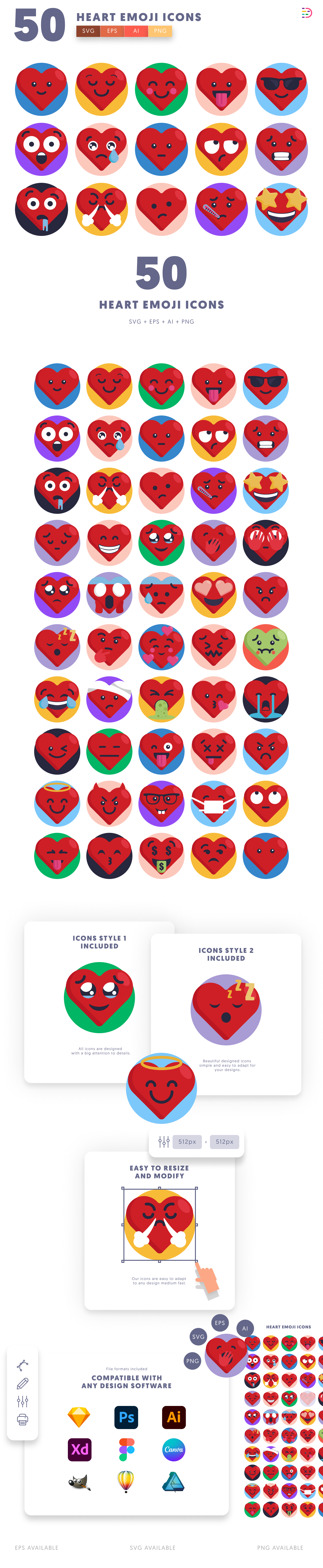 50 Heart Emoji Icons cover – flat circle icons in PNG, SVG and EPS