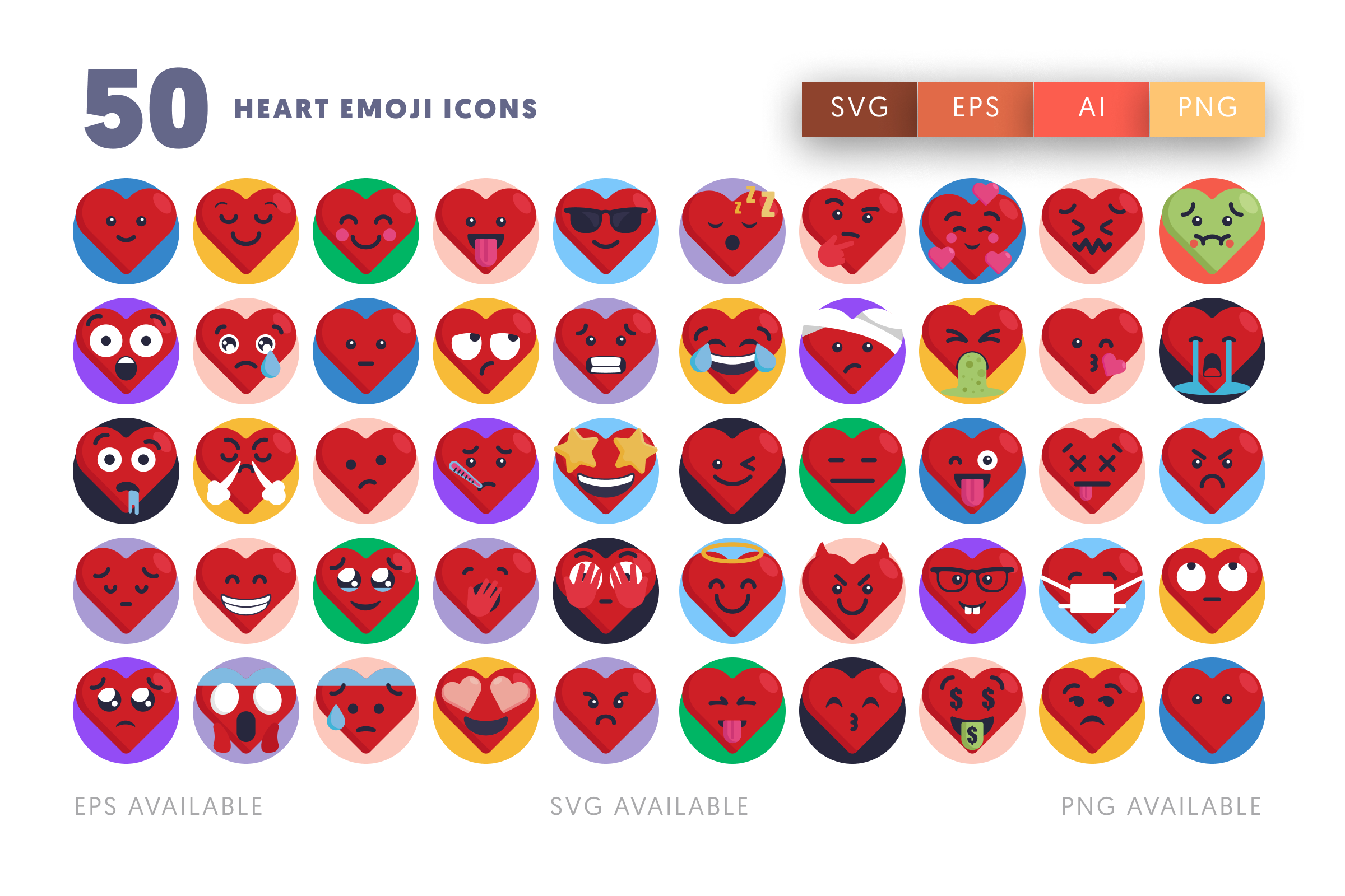 50 Heart Emoji Icons – flat circle icon set