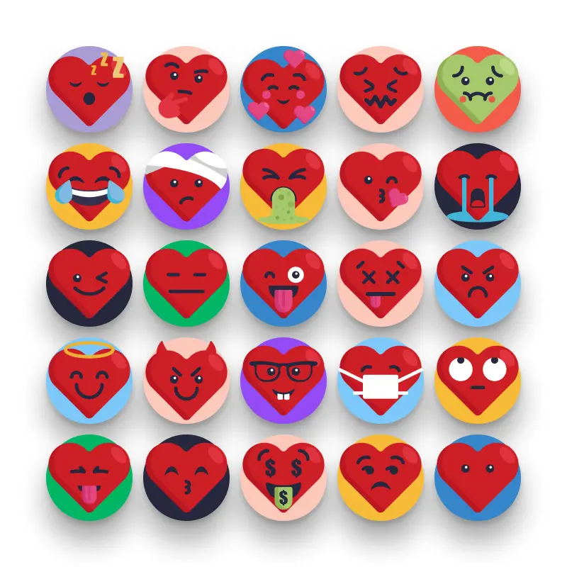 50 Heart Emoji Icons – set of colorful flat circle icons