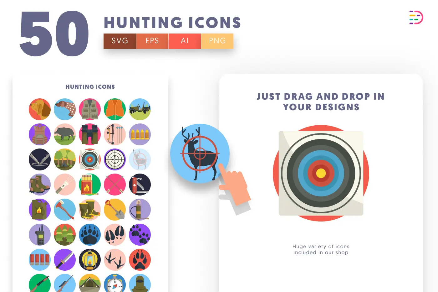 50 Hunting Icons preview 1 – flat circle icons in PNG, SVG and EPS