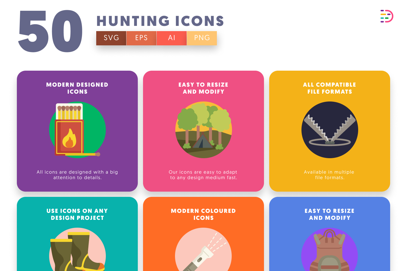 50 Hunting Icons preview 5 – flat circle icons in PNG, SVG and EPS