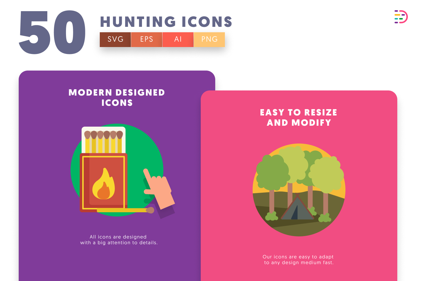 50 Hunting Icons cover – flat circle icons in PNG, SVG and EPS