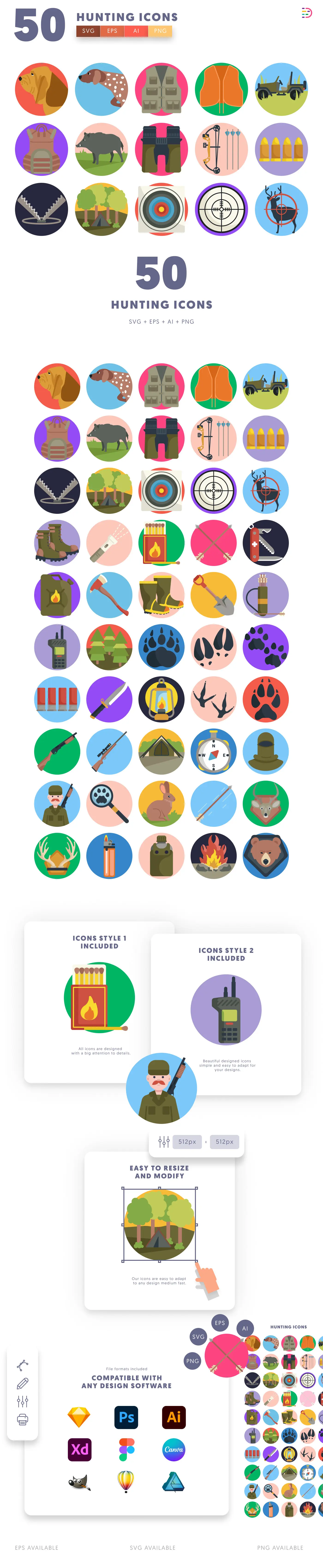 50 Hunting Icons cover – flat circle icons in PNG, SVG and EPS