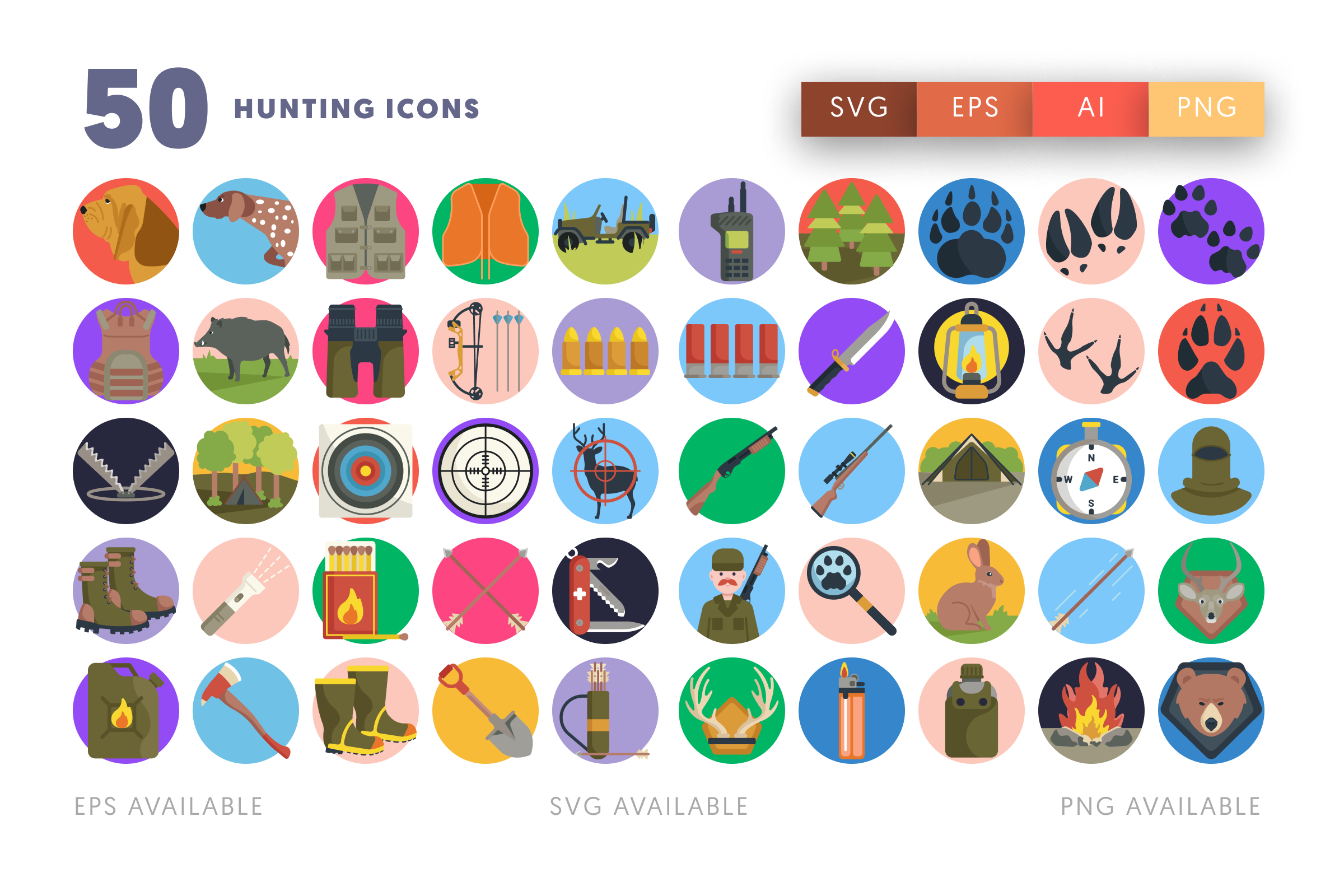 50 Hunting Icons – flat circle icon set