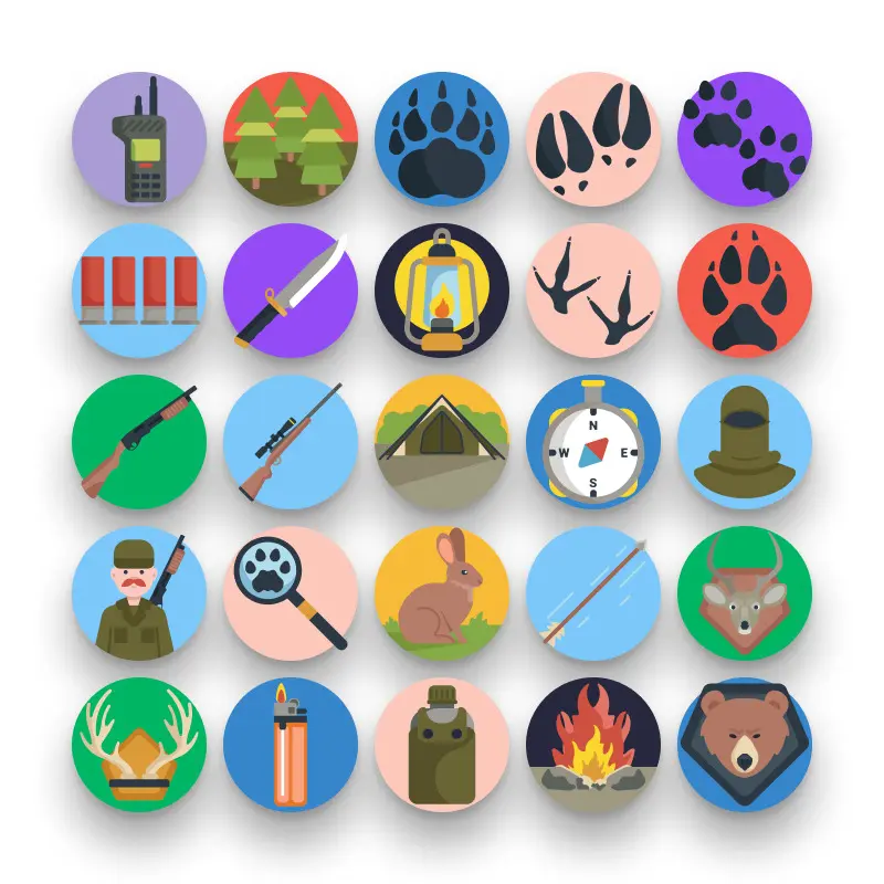 50 Hunting Icons – set of colorful flat circle icons