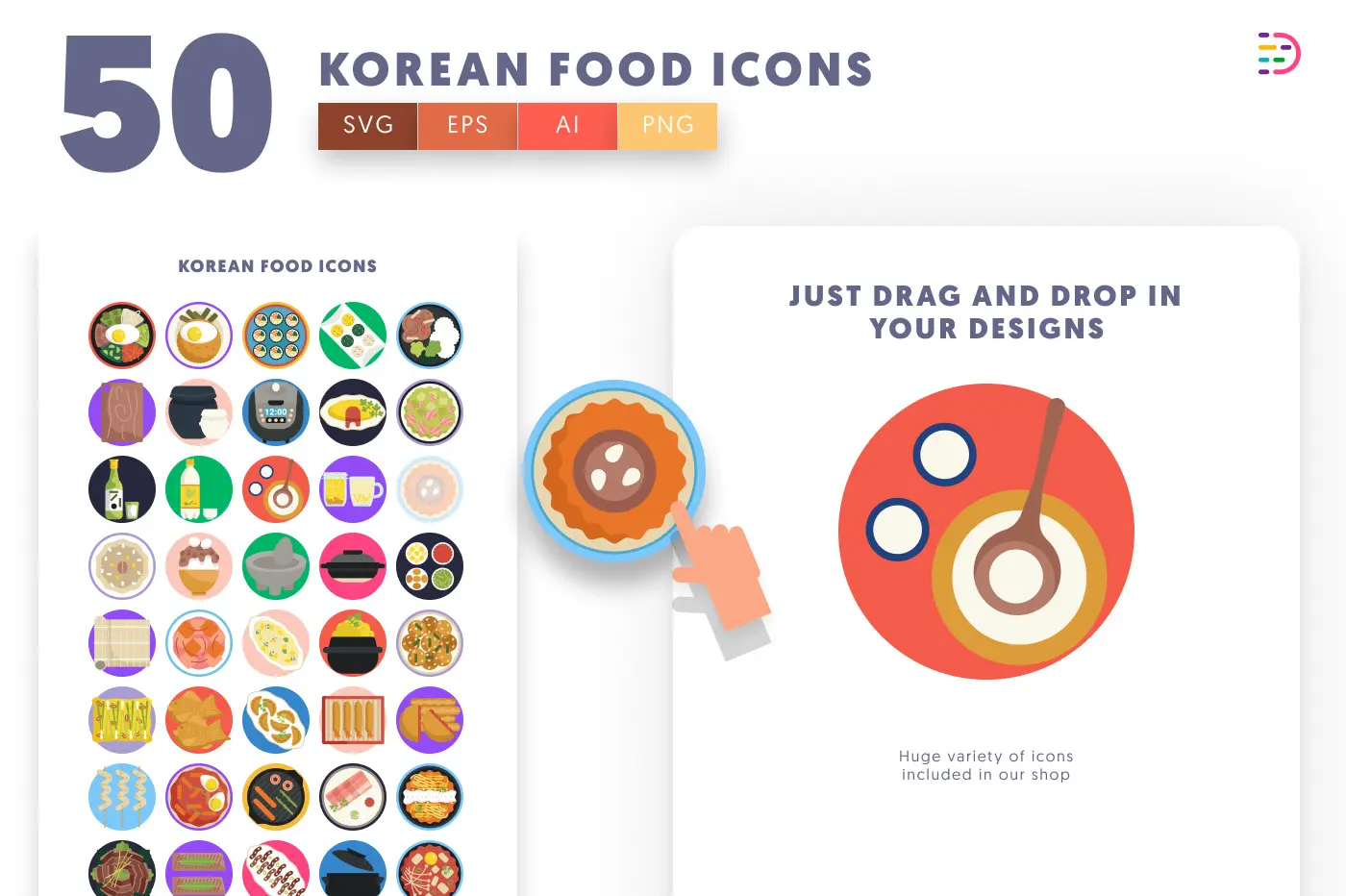 50 Korean Food Icons preview 1 – flat circle icons in PNG, SVG and EPS