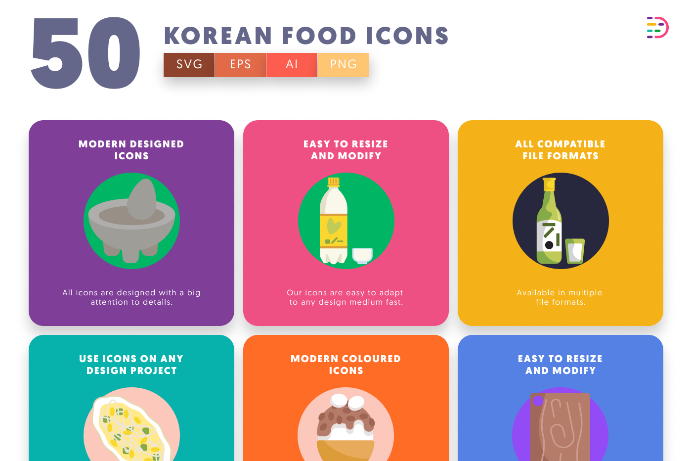50 Korean Food Icons preview 5 – flat circle icons in PNG, SVG and EPS