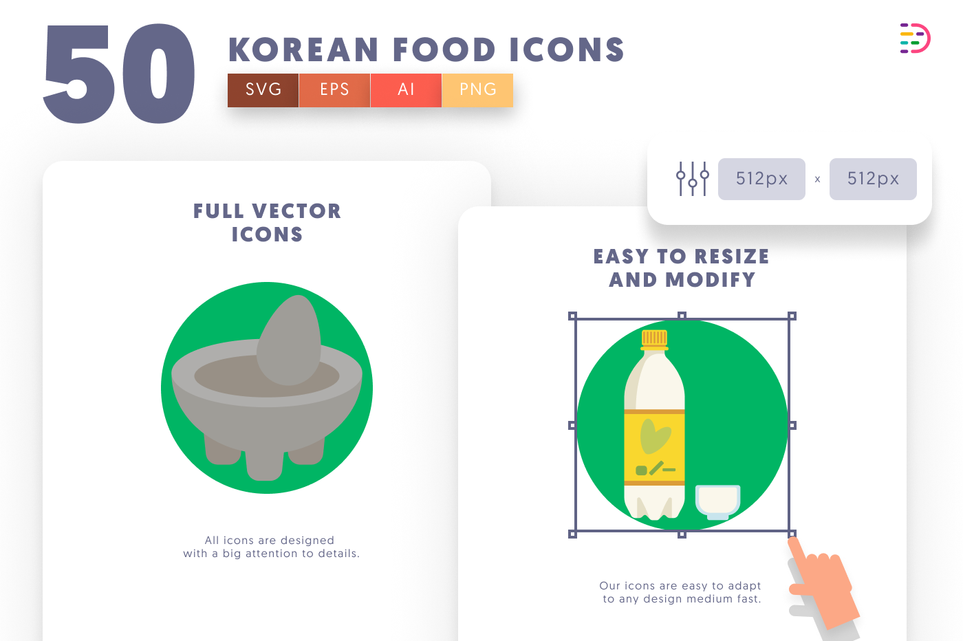 50 Korean Food Icons preview 6 – flat circle icons in PNG, SVG and EPS