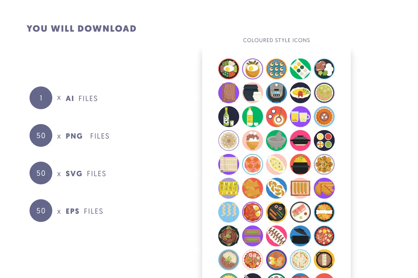 50 Korean Food Icons preview 9 – flat circle icons in PNG, SVG and EPS