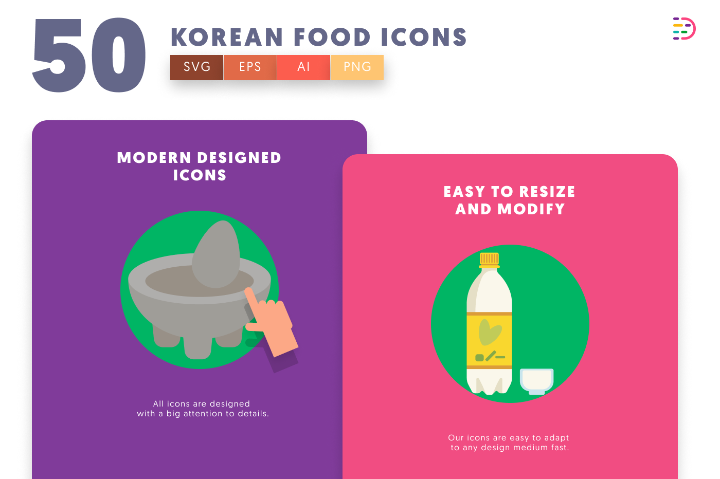 50 Korean Food Icons cover – flat circle icons in PNG, SVG and EPS