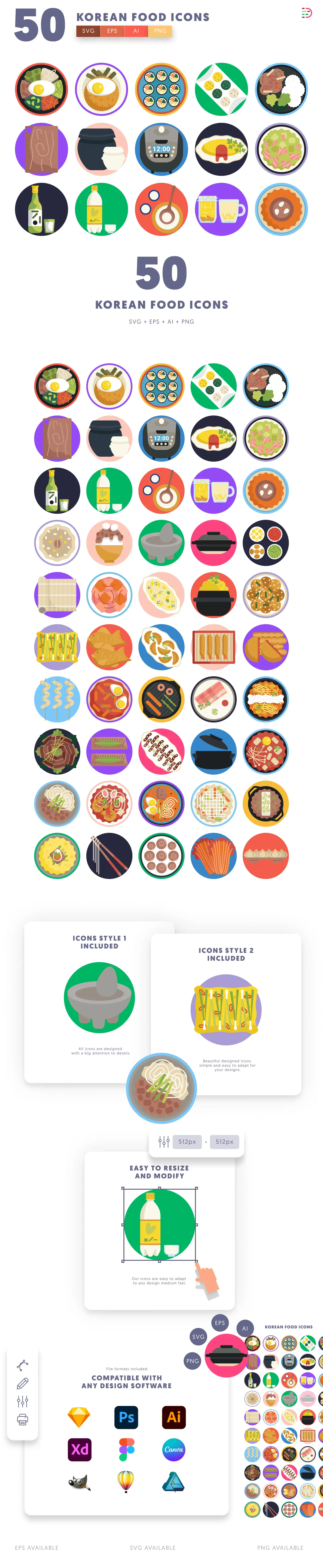 50 Korean Food Icons cover – flat circle icons in PNG, SVG and EPS