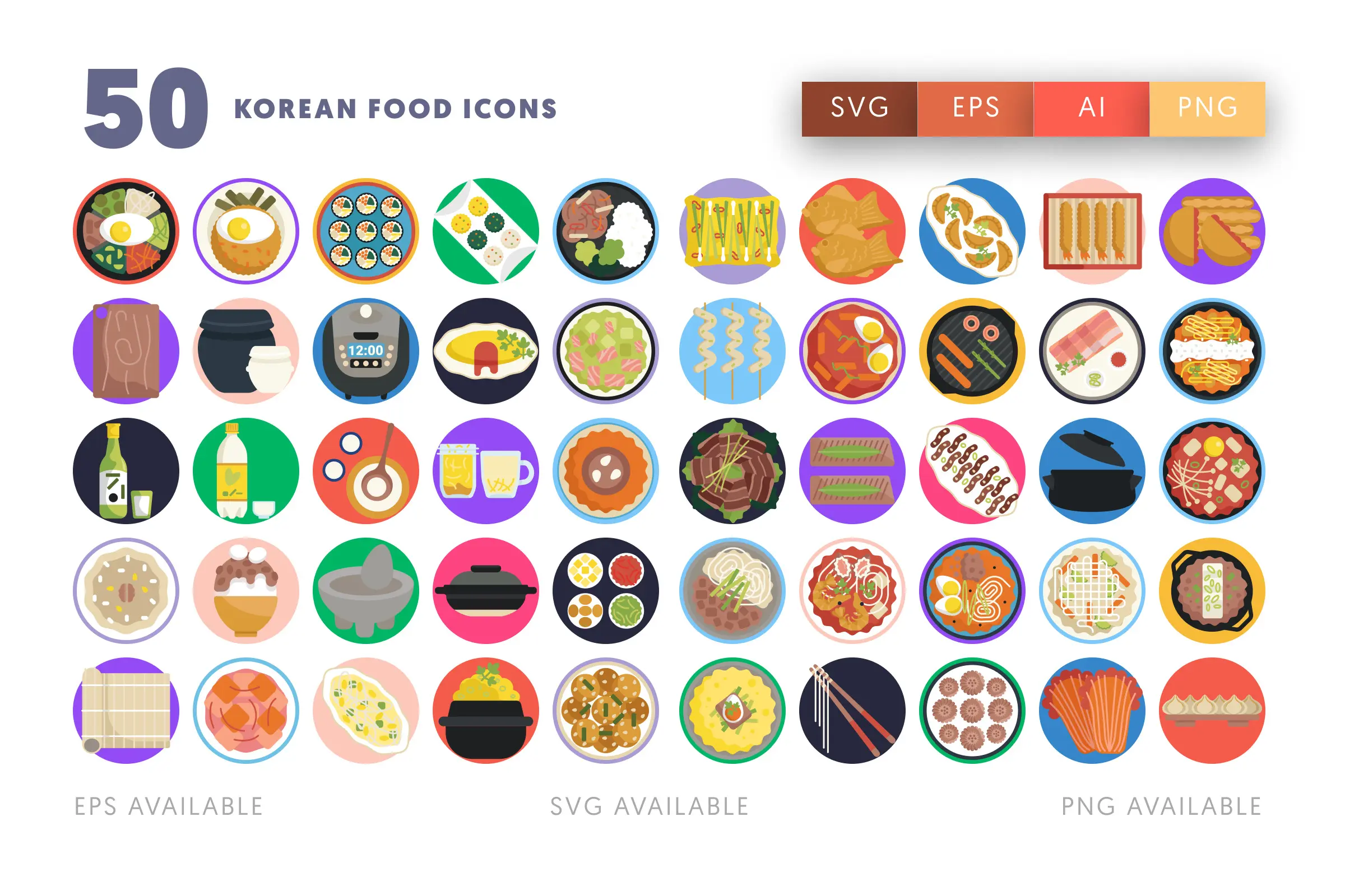 50 Korean Food Icons – flat circle icon set