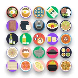 50 Korean Food Icons – set of colorful flat circle icons