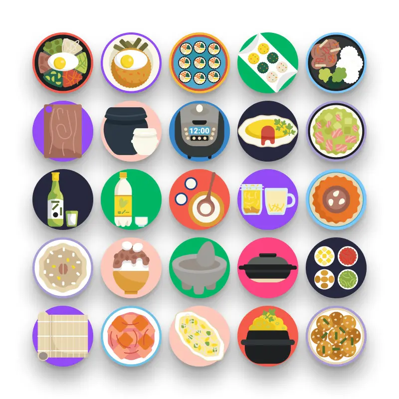 50 Korean Food Icons – set of colorful flat circle icons