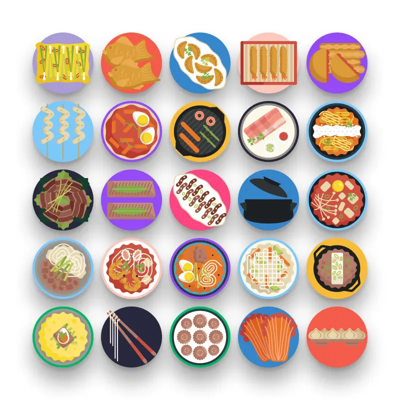 50 Korean Food Icons – set of colorful flat circle icons