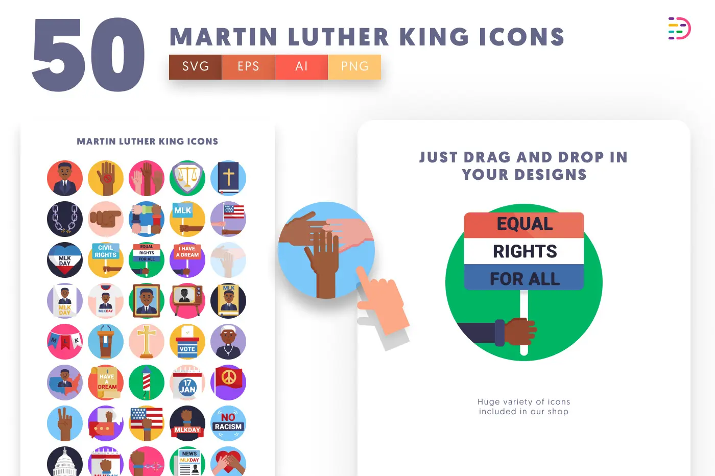 50 Martin Luther King Icons preview 1 – flat circle icons in PNG, SVG and EPS