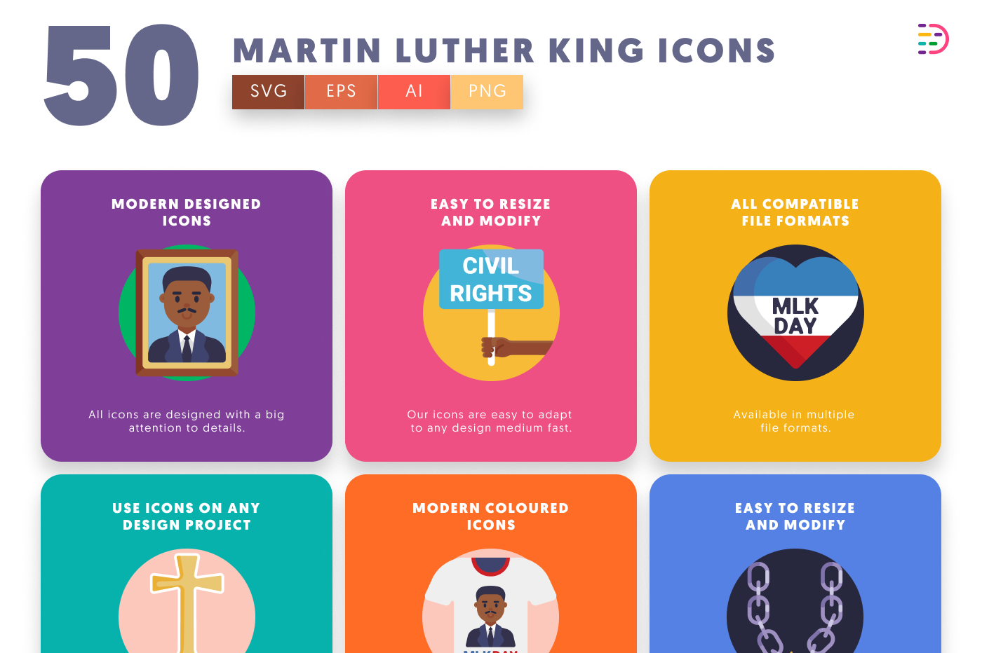 50 Martin Luther King Icons preview 5 – flat circle icons in PNG, SVG and EPS
