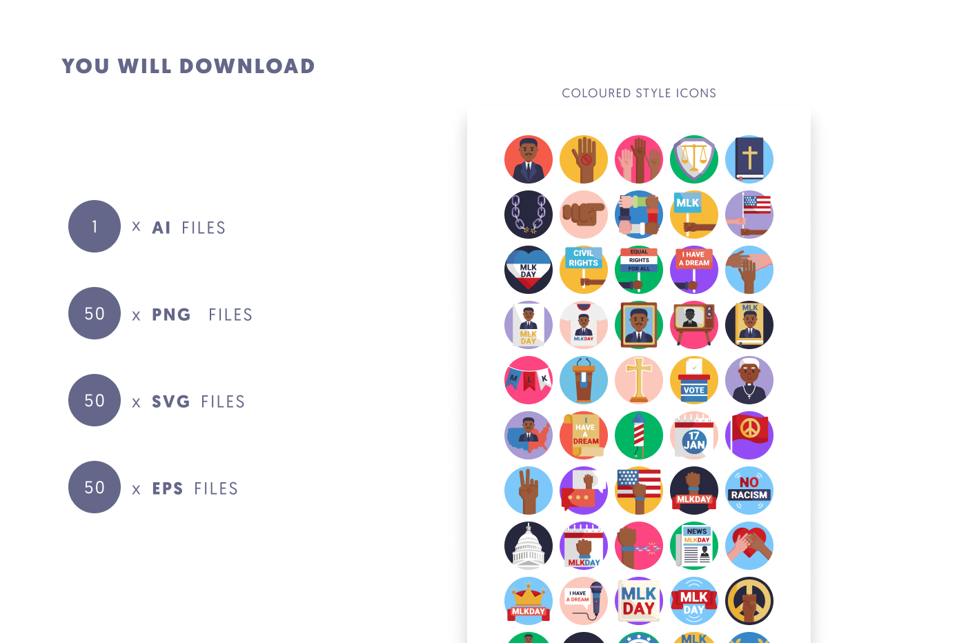 50 Martin Luther King Icons preview 9 – flat circle icons in PNG, SVG and EPS