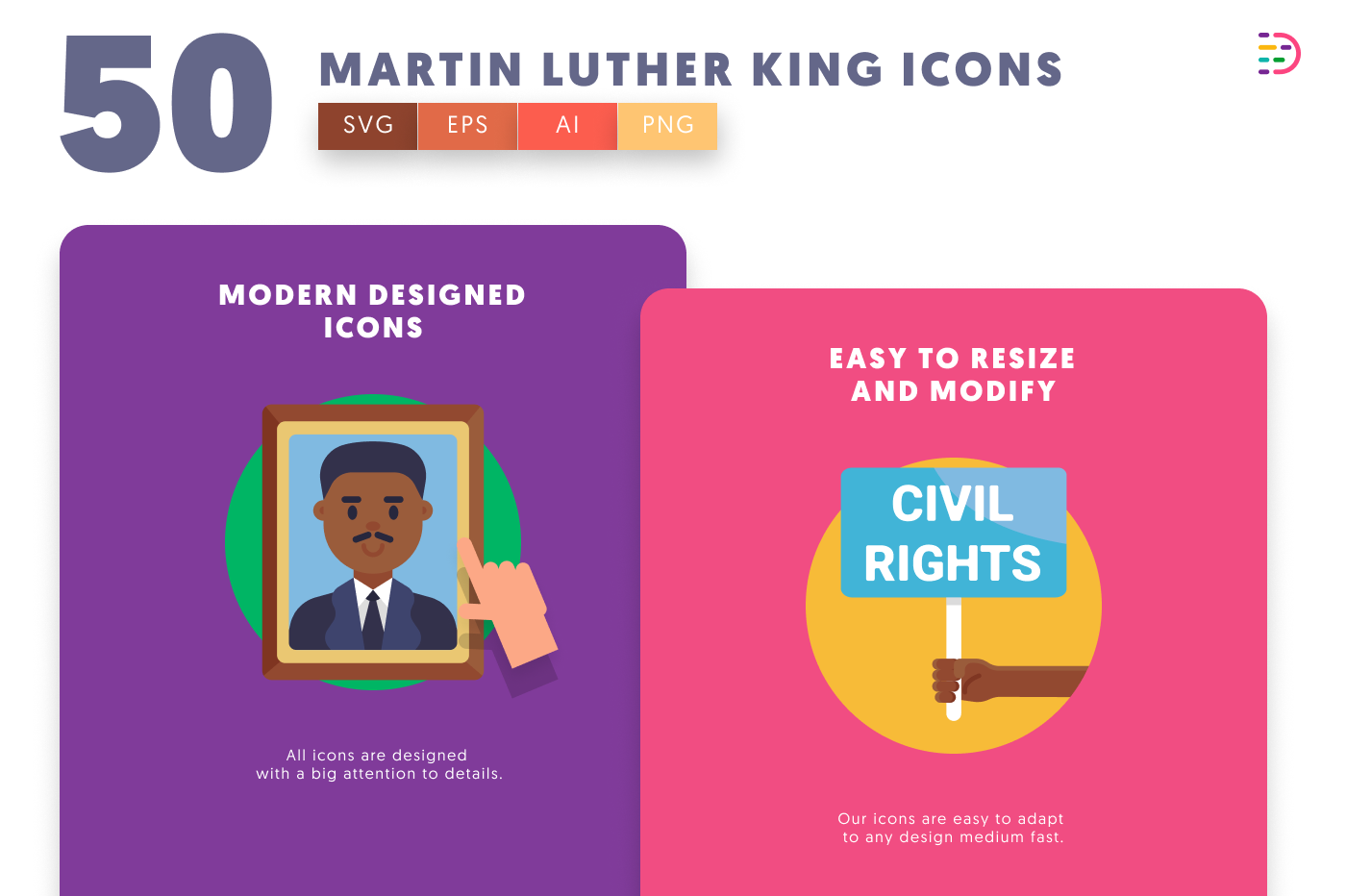 50 Martin Luther King Icons cover – flat circle icons in PNG, SVG and EPS