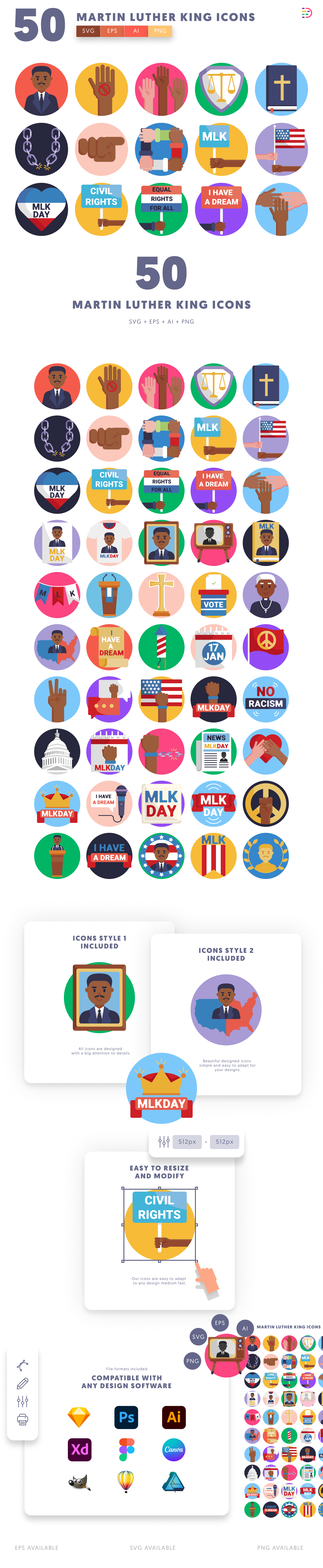 50 Martin Luther King Icons cover – flat circle icons in PNG, SVG and EPS