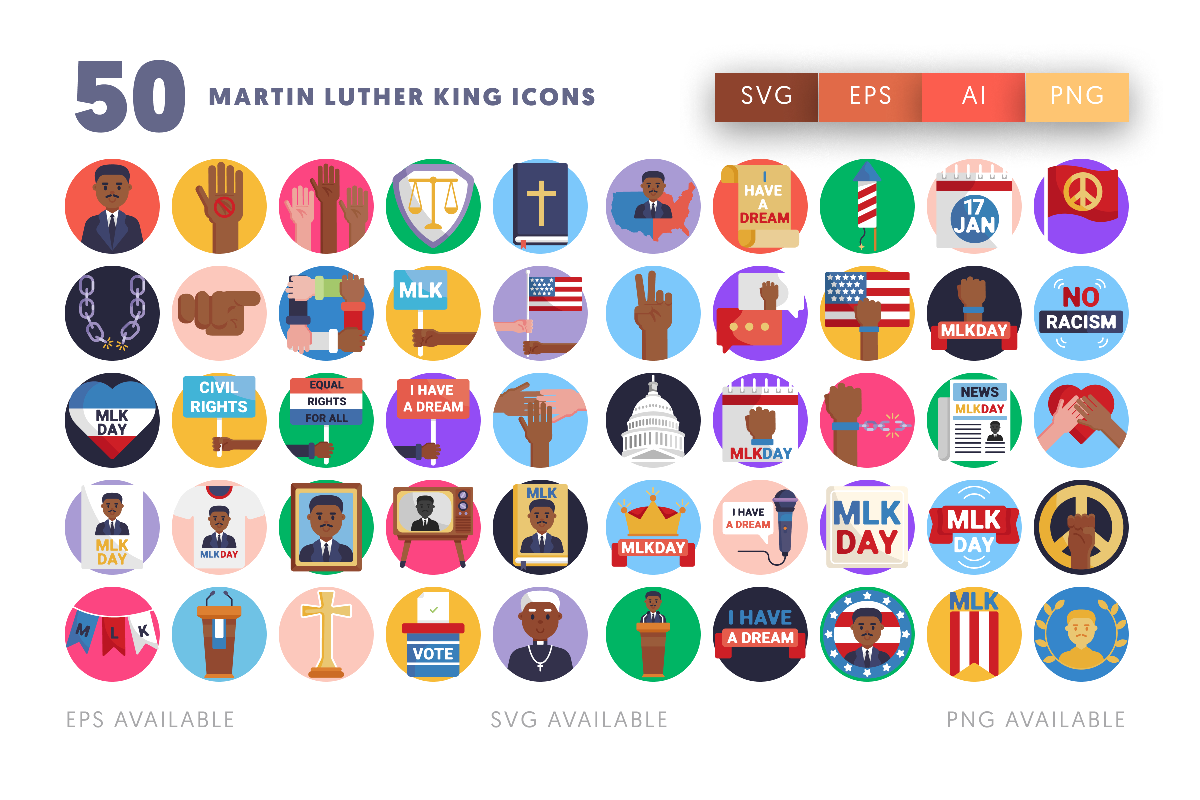 50 Martin Luther King Icons – flat circle icon set