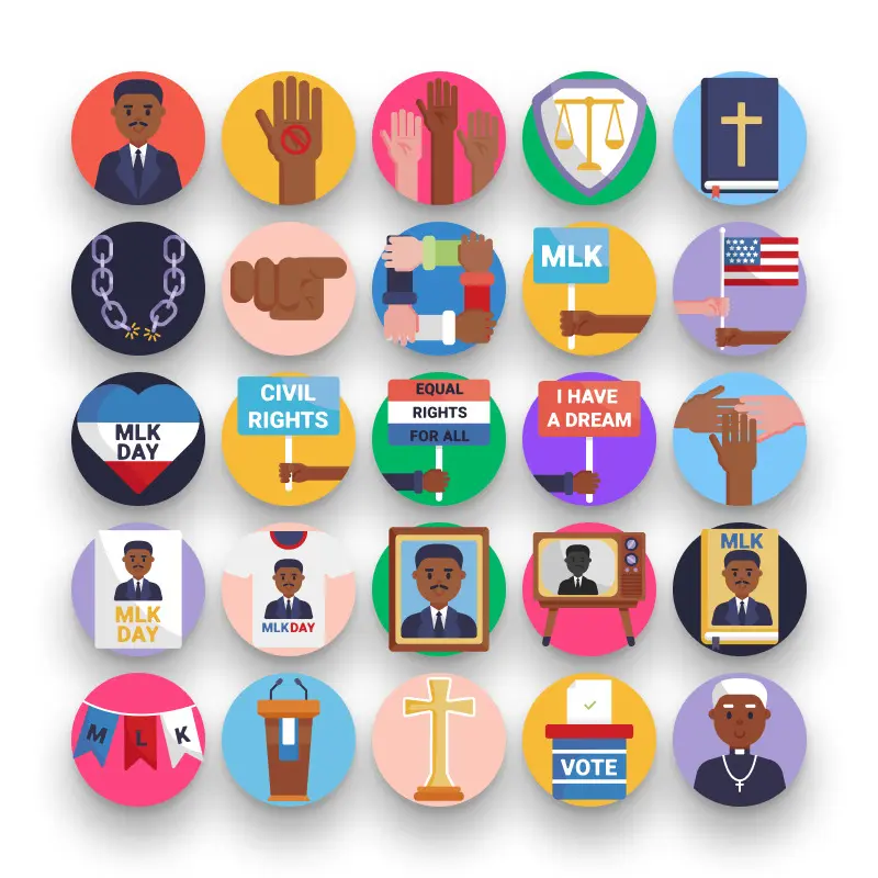 50 Martin Luther King Icons – set of colorful flat circle icons