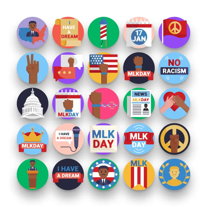 50 Martin Luther King Icons – set of colorful flat circle icons