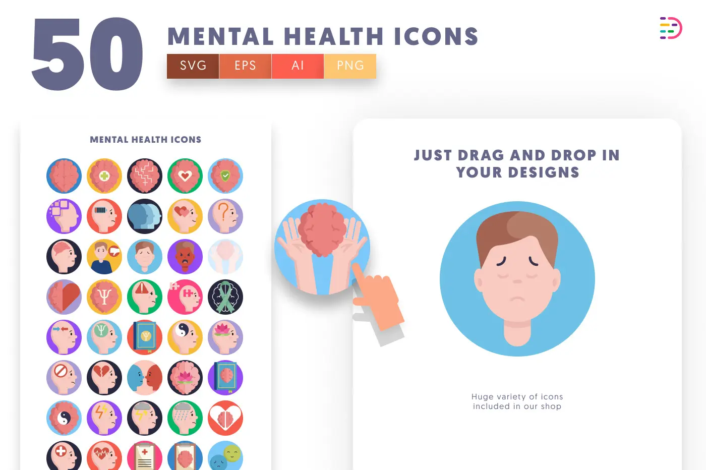 50 Mental Health Icons preview 1 – flat circle icons in PNG, SVG and EPS