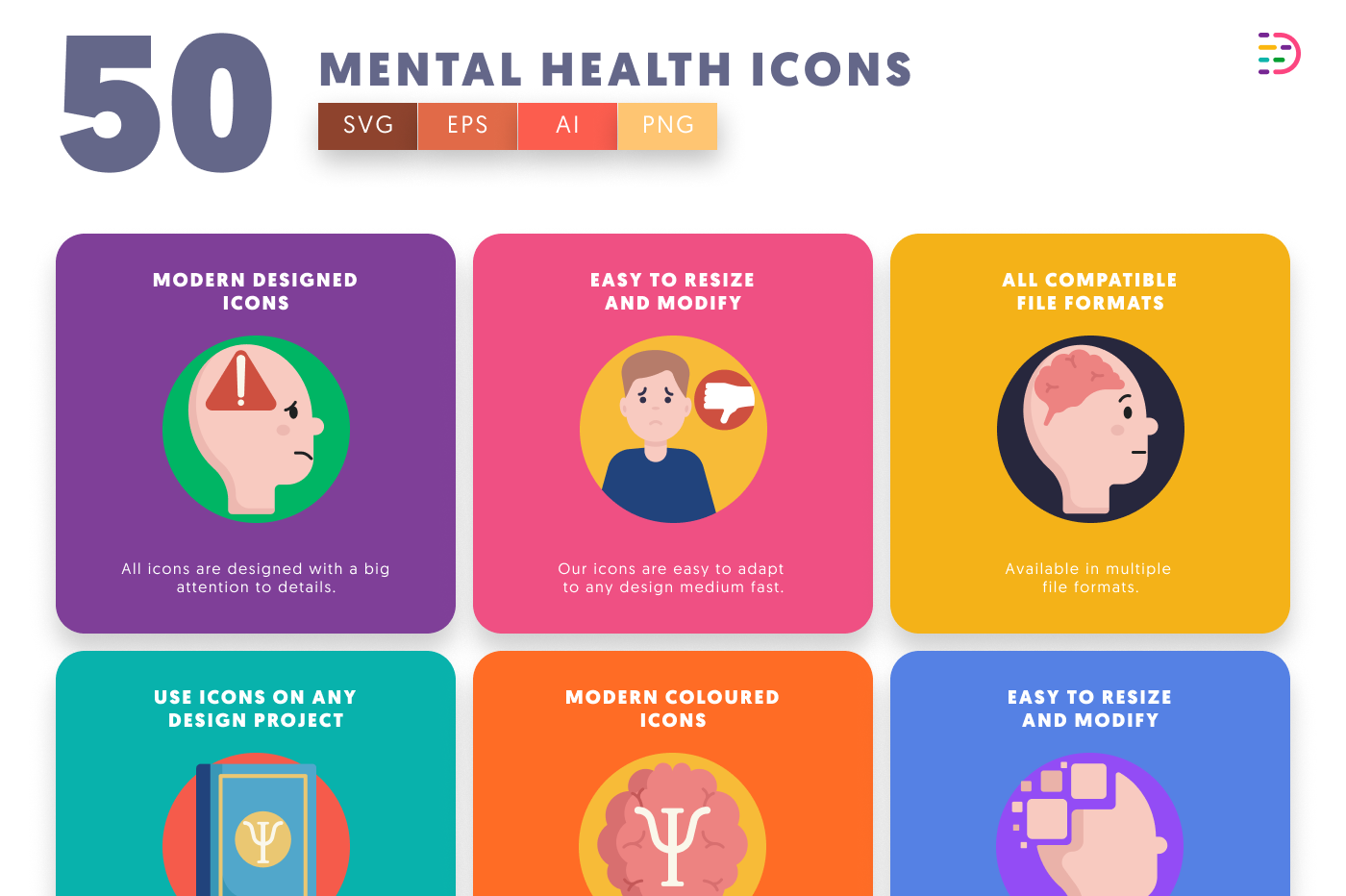 50 Mental Health Icons preview 5 – flat circle icons in PNG, SVG and EPS