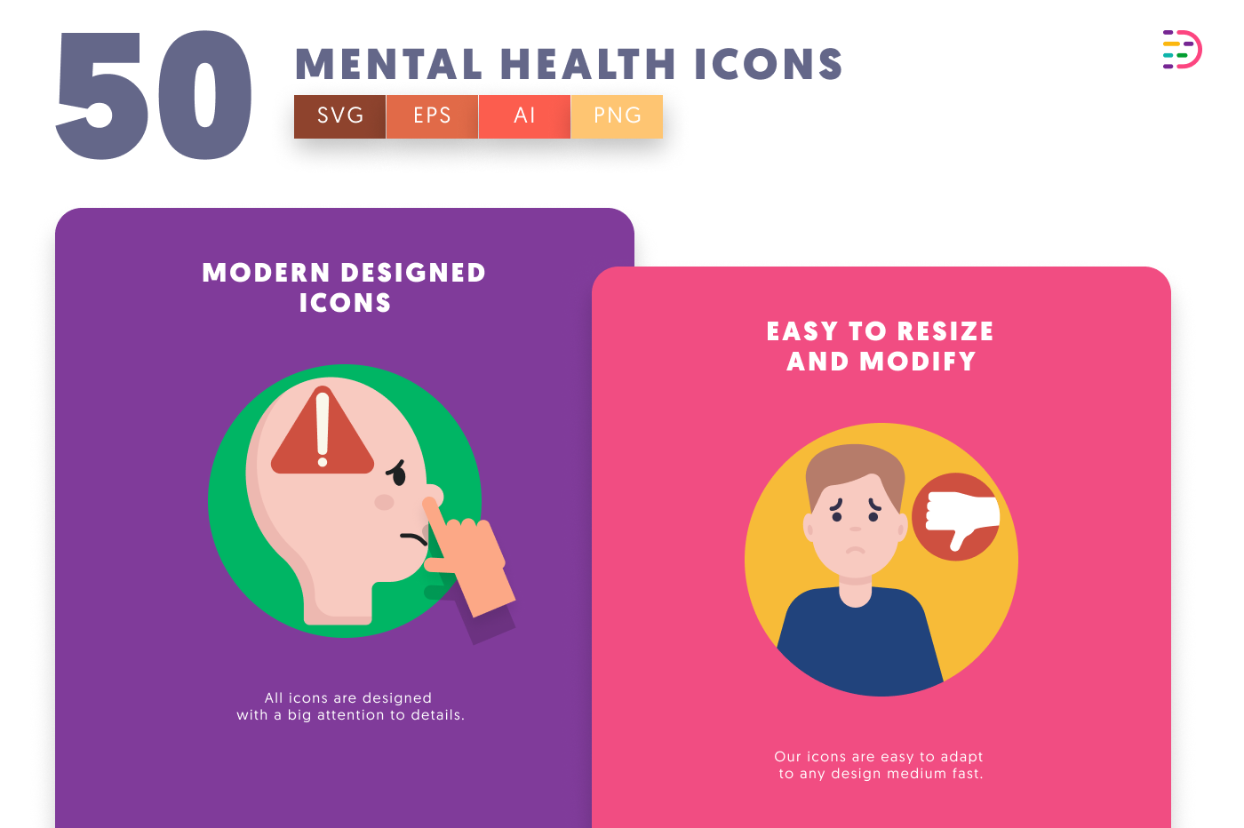 50 Mental Health Icons cover – flat circle icons in PNG, SVG and EPS