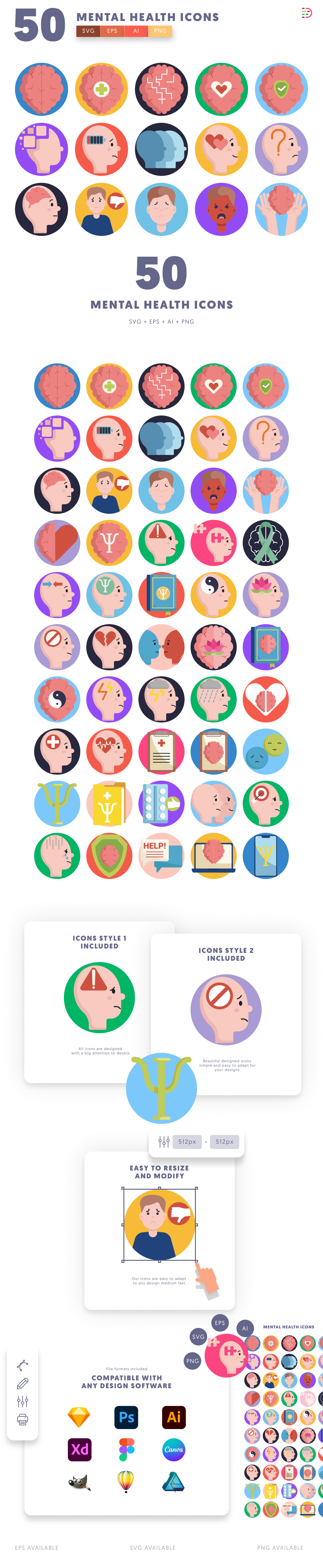 50 Mental Health Icons cover – flat circle icons in PNG, SVG and EPS